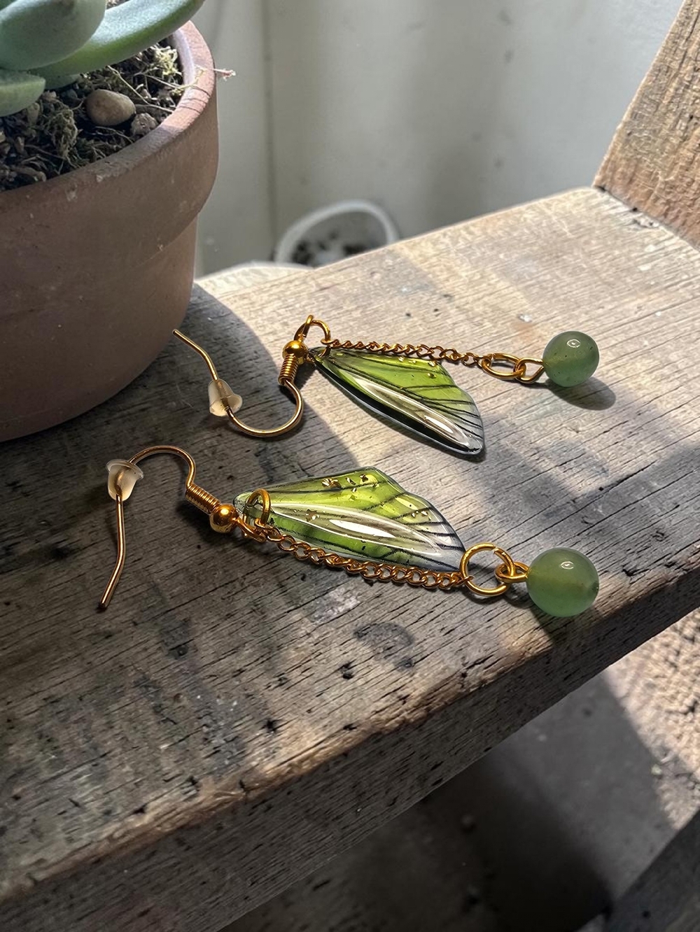 Green Leaf Dangle Earrings with Gold Chain